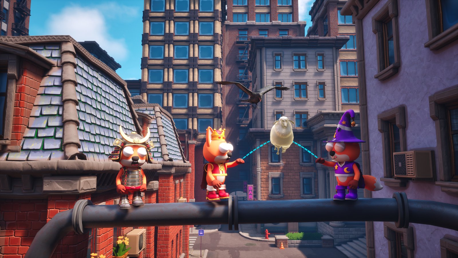 Foxalot screenshot: Foxes on a rooftop pipe, a crow above