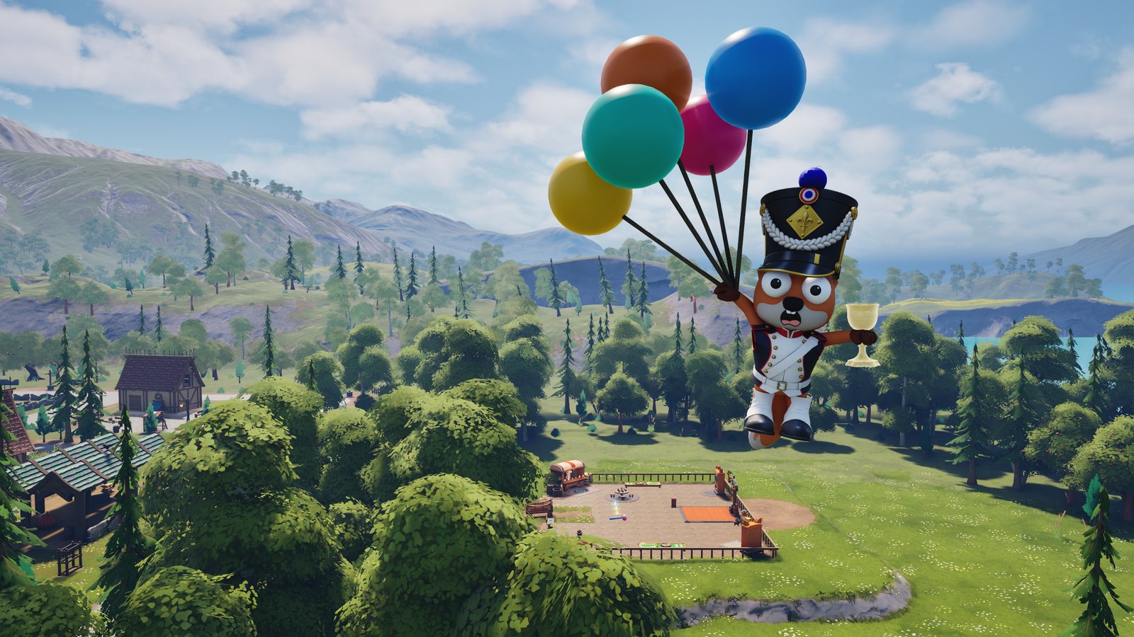 Foxalot screenshot: A fox floats over the village on balloons