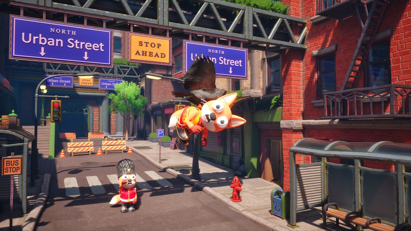 Foxalot screenshot: A crow carries a fox down the street