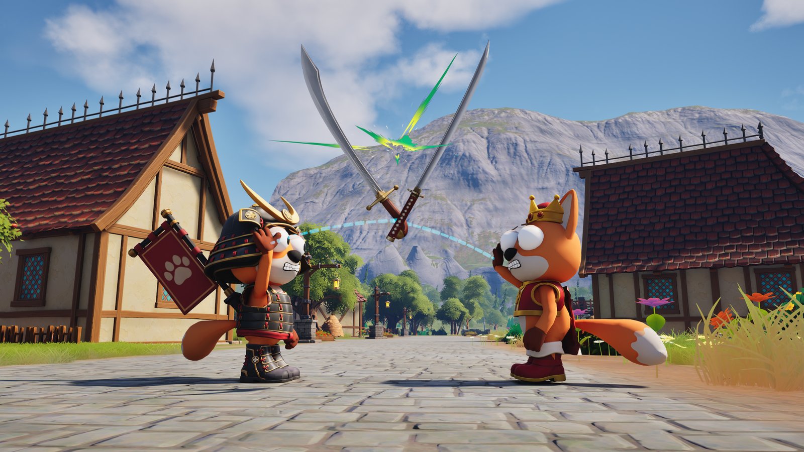 Foxalot screenshot: Two foxes clash swords in the village