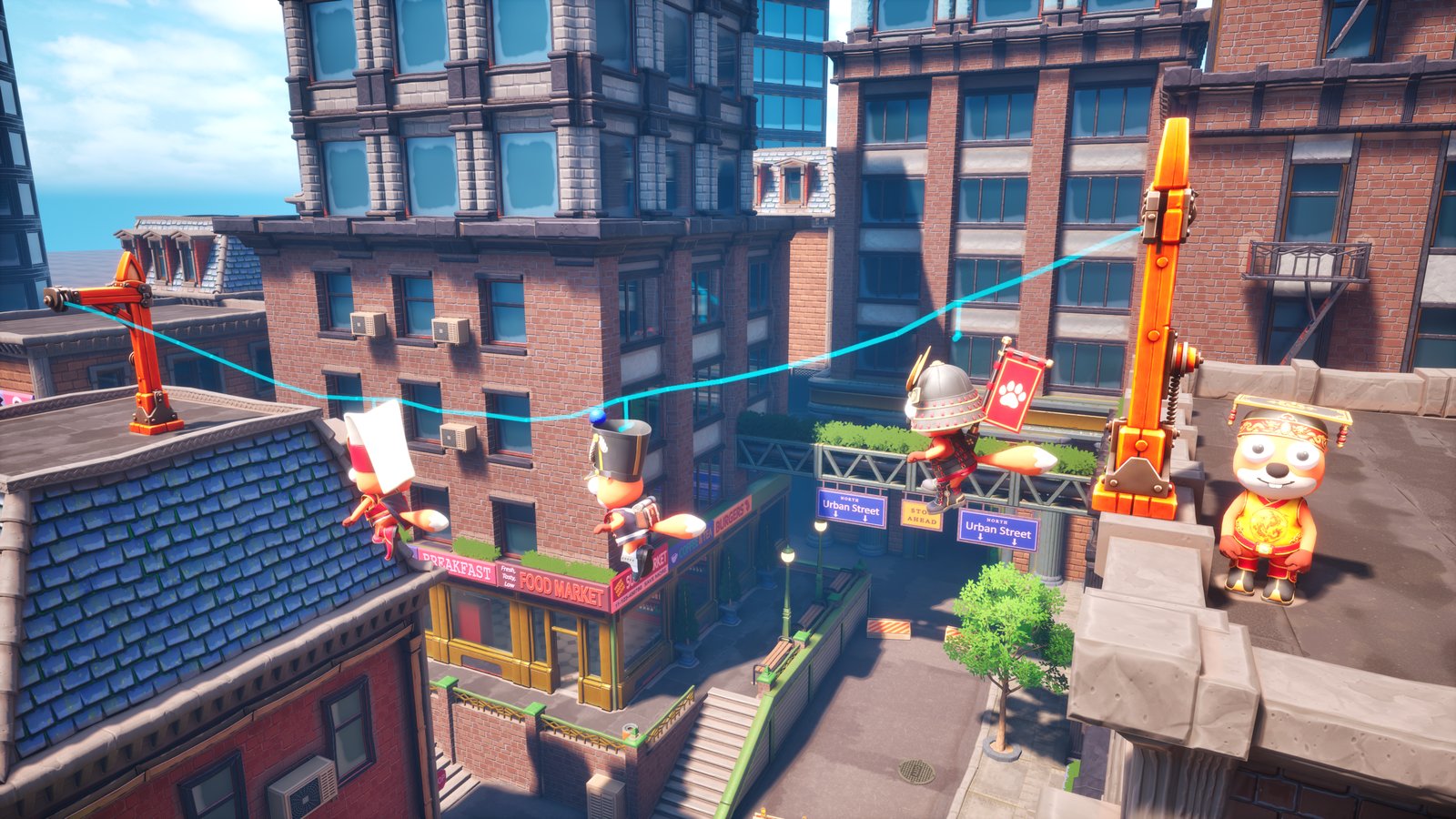 Foxalot screenshot: Foxes ride a zipline between city rooftops
