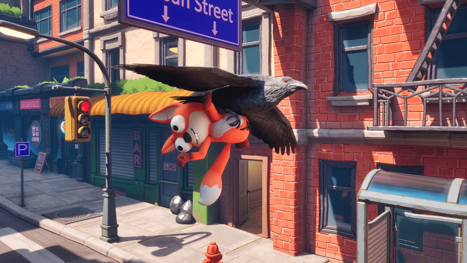 Foxalot screenshot: Close-up: a crow carries off a fox