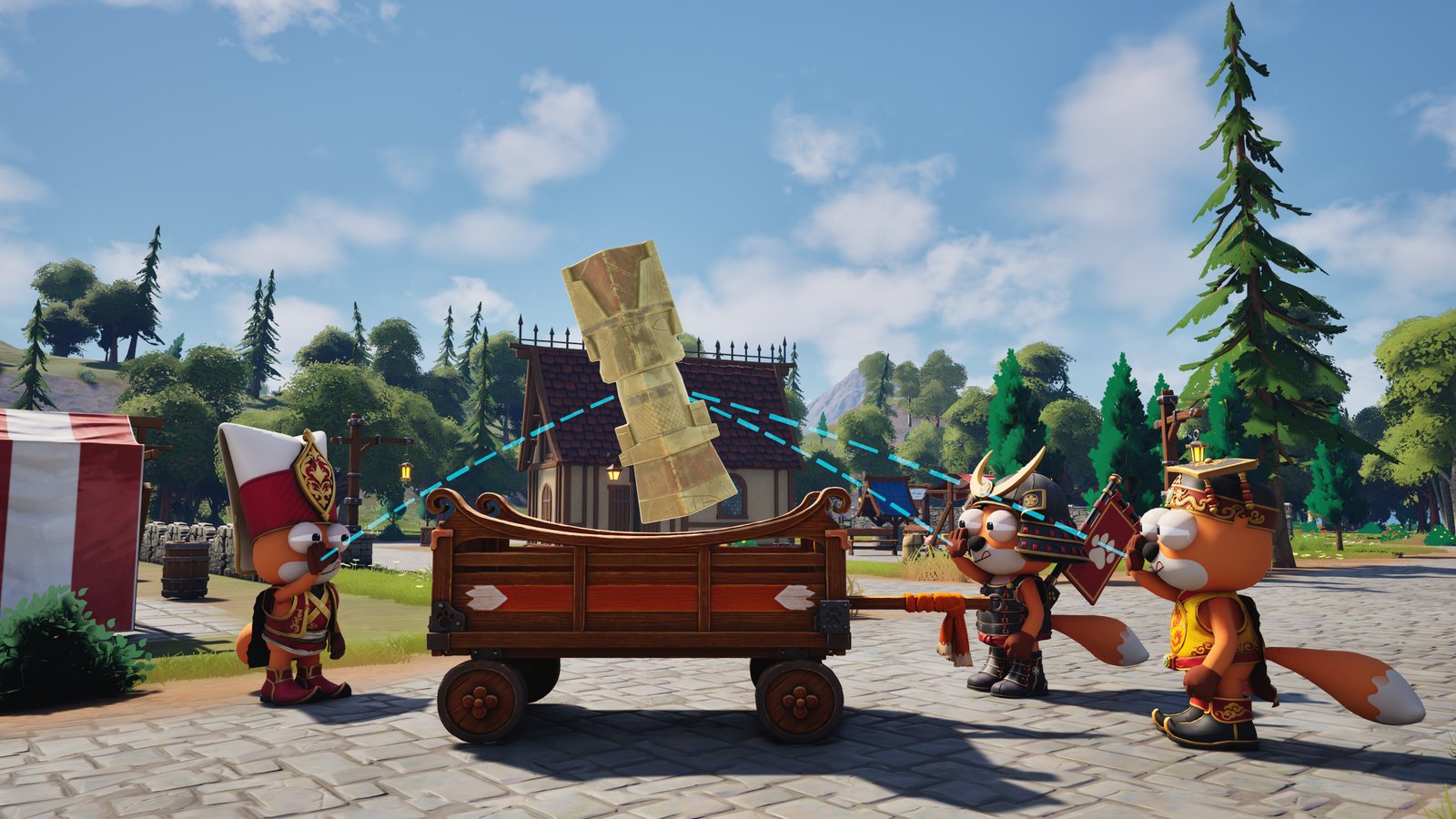 Foxalot screenshot: Three foxes lift a statue into the cart