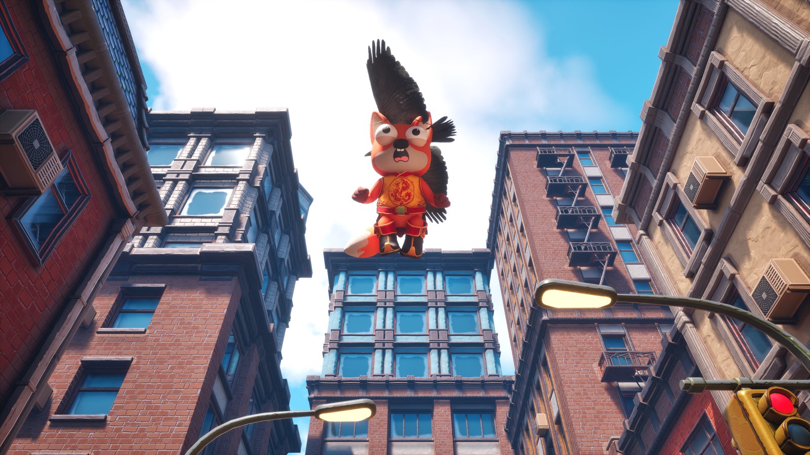 Foxalot screenshot: A crow carries a fox above the city