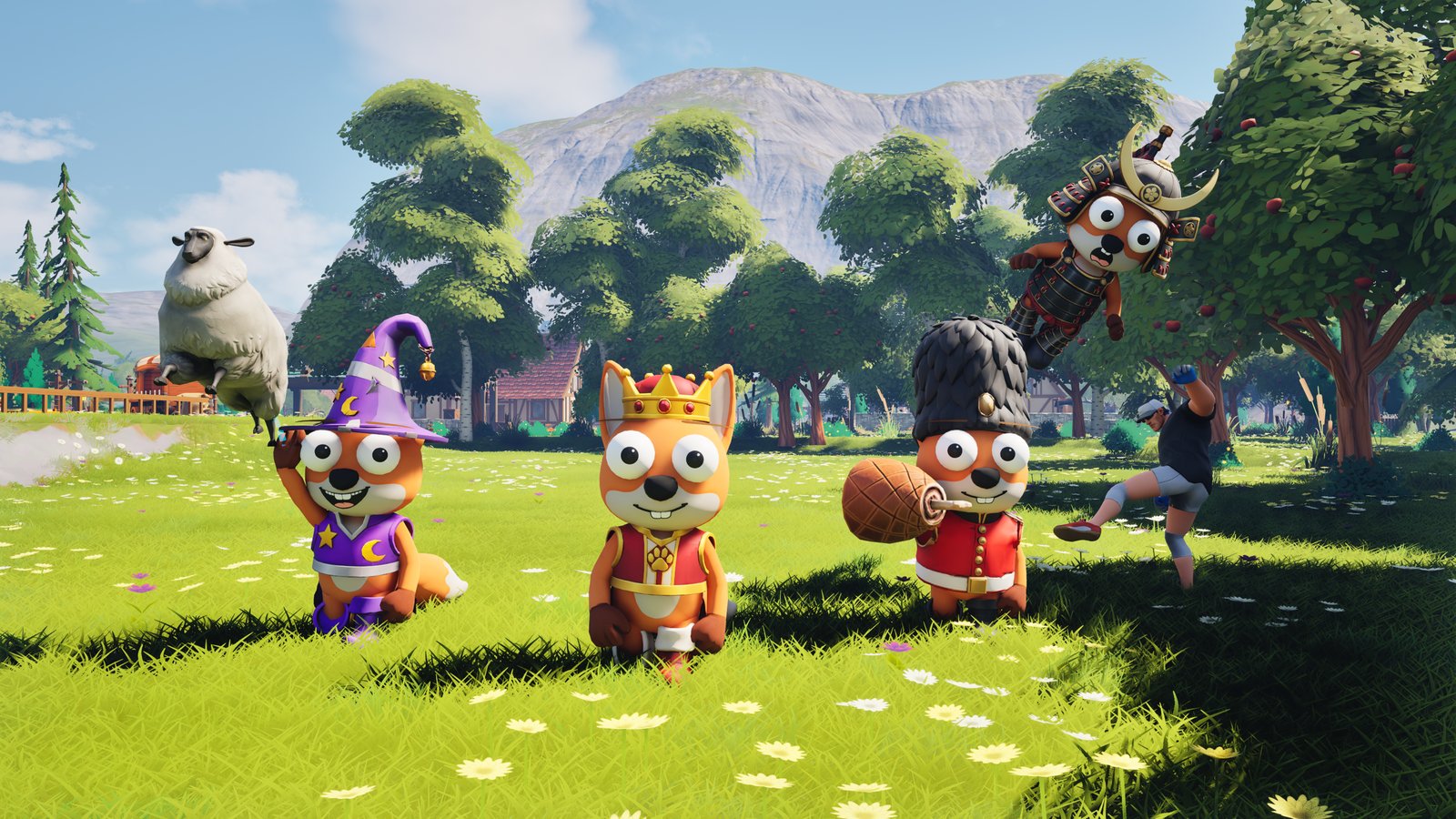 Foxalot screenshot: The crew, a flying sheep and a villager