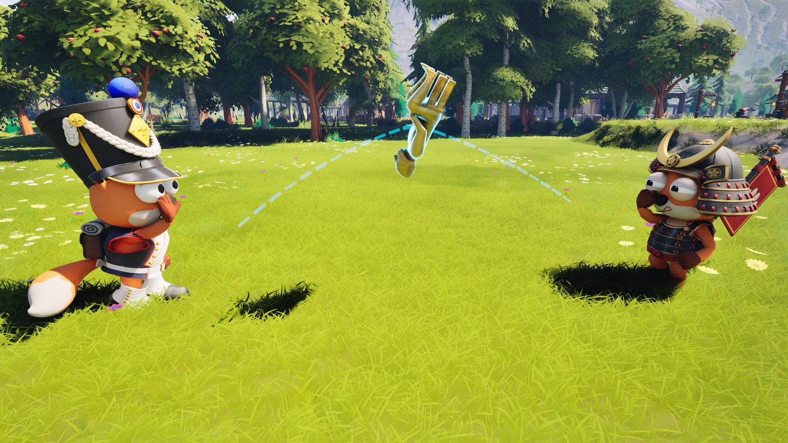 Foxalot screenshot: A gold statue flies between two foxes