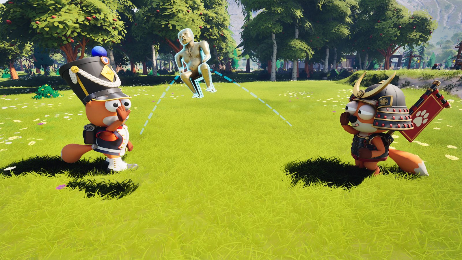 Foxalot screenshot: Two foxes tug a statue between them