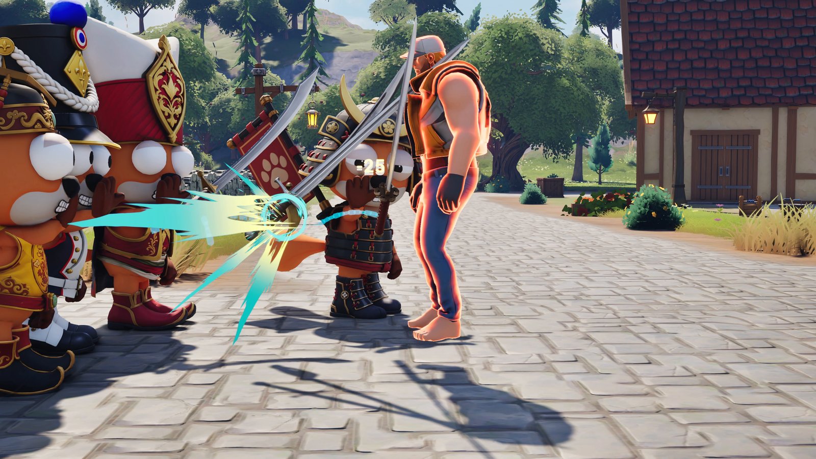 Foxalot screenshot: Foxes with swords gang up on a villager