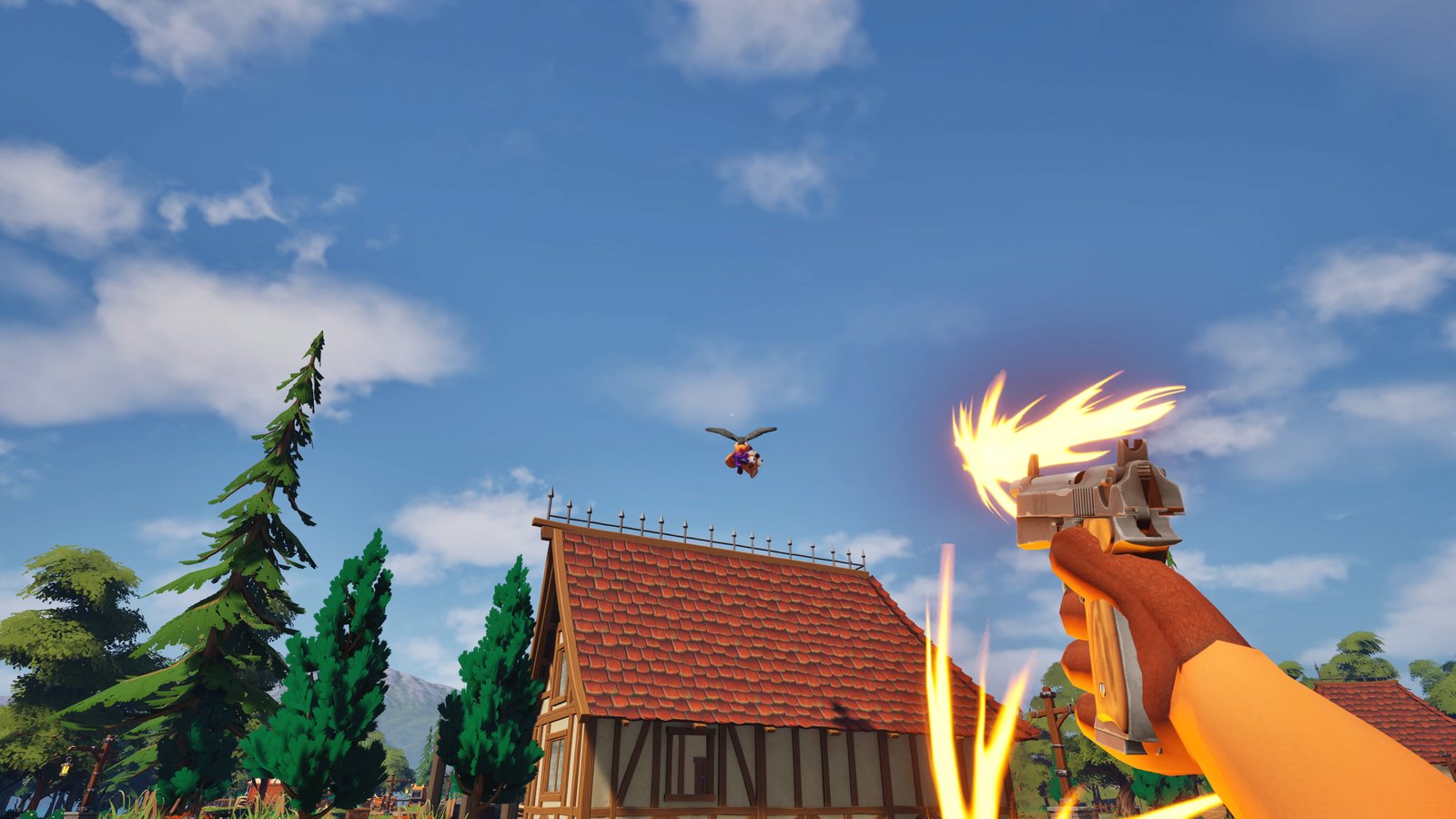 Foxalot screenshot: First-person view: firing a pistol skyward